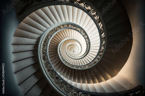 a spiral staircase in a building with a light coming through the top of the spirals and the bottom of the stairs is white and has intricate designs on the sides of the railings.
