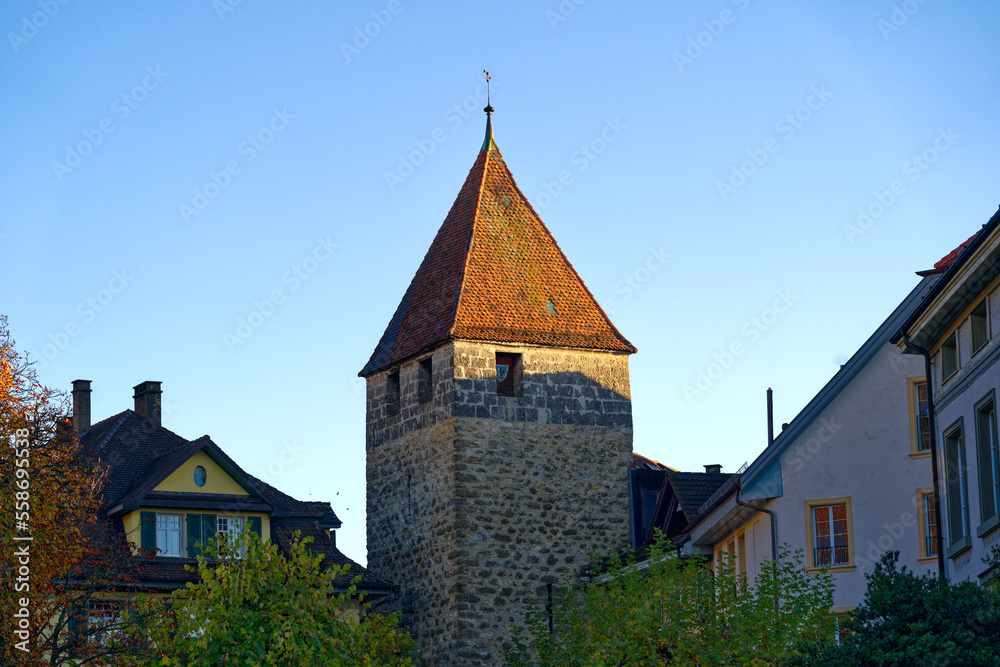 Castle at the old town with stone tower with battlements at City of Biel Bienne on a sunny autumn day. Photo taken November 10th, 2022, Biel Bienne, Switzerland.