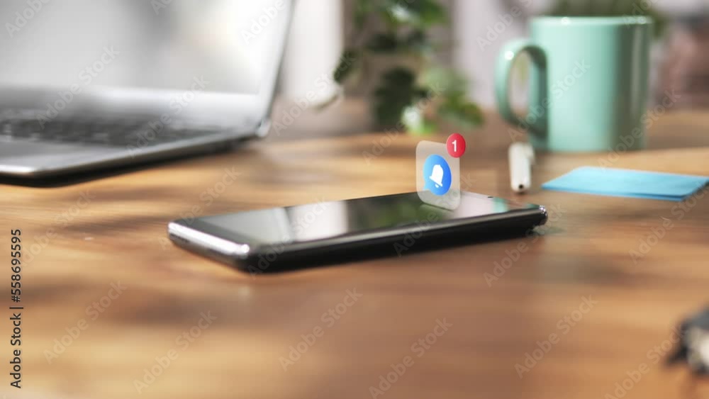 smart phone mobile on desk showing push notification on screen,3d icon graphic animation coming out from smartphone