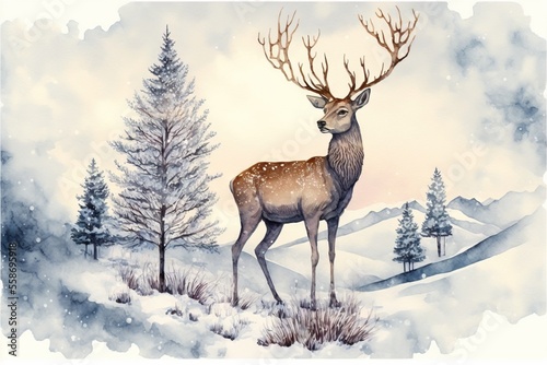 a painting of a deer standing in the snow with trees in the background and snow falling on the ground behind it  with a sky background of snow - covered with clouds and snowing.
