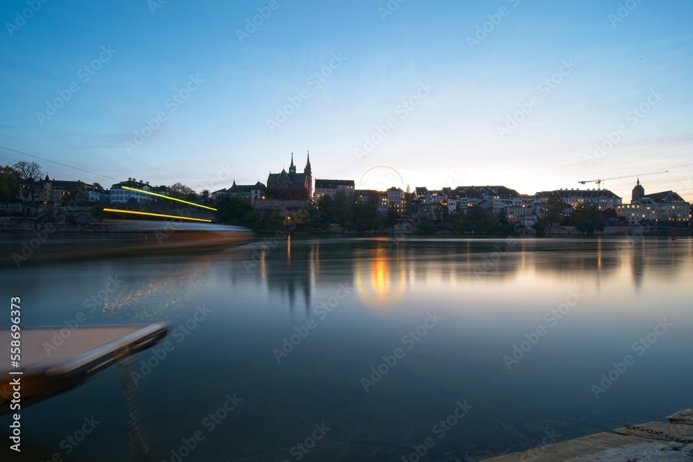 Fototapeta premium basel switzerland at rhine river in twilight.