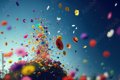 a beautiful field of flowers with flying petals,