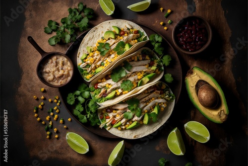 a plate of tacos and a bowl of beans and avocado on a wooden table with limes and limes on the side of the plate and a spoon and a bowl of beans.