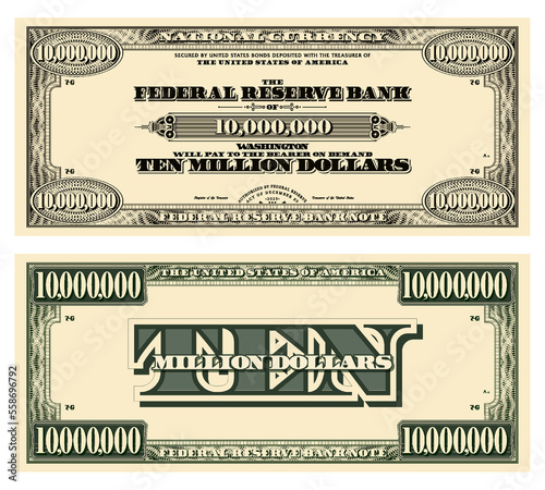 Vector template obverse and reverse of a vintage banknote with guilloche frame, denomination of ten million US dollars. Paper money in style retro.