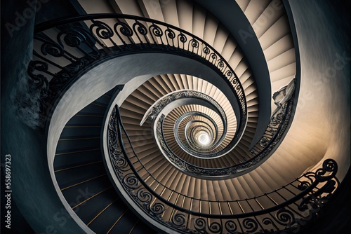 a spiral staircase in a building with a light at the end of the spiral staircase, looking down at the floor and the top of the railings of the stairs, with a bright light at the end. generative ai