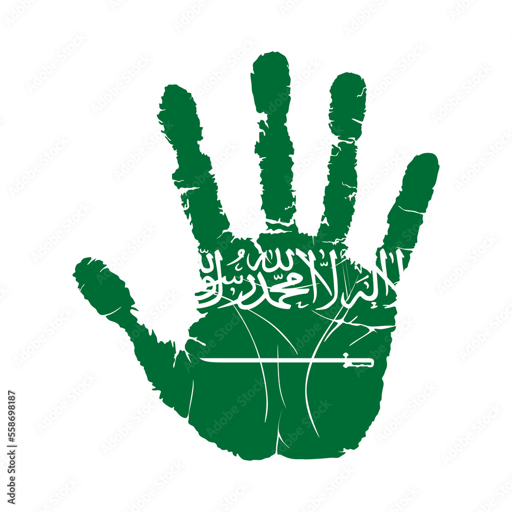 Handprint with the flag of Saudi Arabia. Hand print, which bears the Saudi Arabia flag. Grunge Imprint Hand in the Colors of Saudi Arabia Flag on White Background. Vector illustration Handprint with the flag of Saudi Arabia. Hand print, which bears the Saudi Arabia flag. Grunge Imprint Hand in the Colors of Saudi Arabia Flag on White Background. Vector illustration