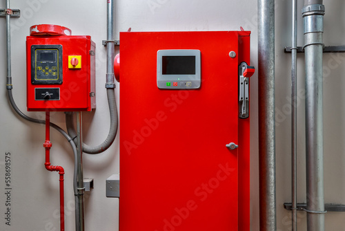 Fire alarm control panel for fire suppression system. Industrial fire control system. generator pump controller for water sprinkler piping and fire protection system.