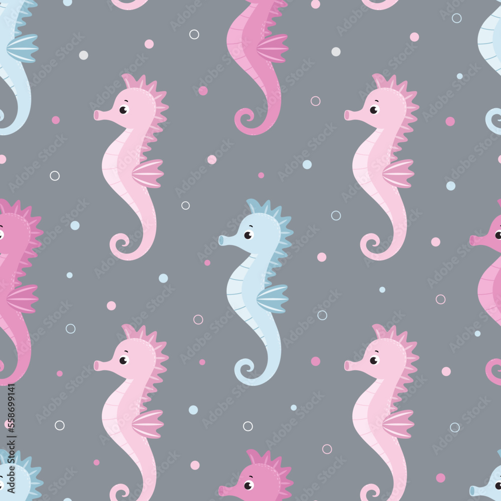 Seamless pattern with cute cartoon seahorses. Endless background with inhabitants of the underwater world. Seamless pattern with cute cartoon seahorses. Endless background with inhabitants of the underwater world.