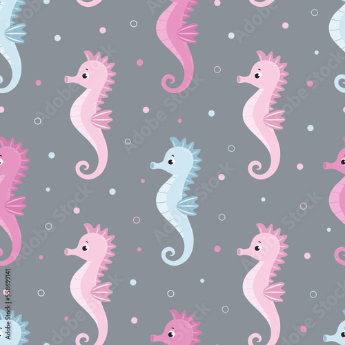 Seamless pattern with cute cartoon seahorses. Endless background with  inhabitants of the underwater world.