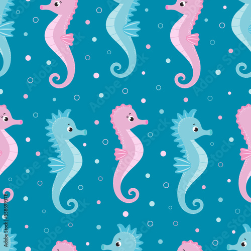 Seamless pattern with cute cartoon seahorses. Endless background with  inhabitants of the underwater world.