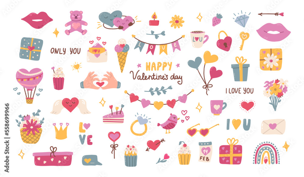 Set elements for Valentines Day. Heart, balloon, gift, kiss and other decorative elements with lettering. Flat illustration in hand drawn style
