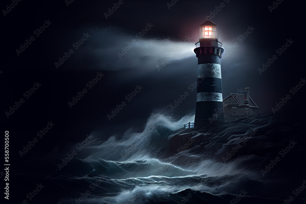 Lighthouse in a storm. Generative Ai