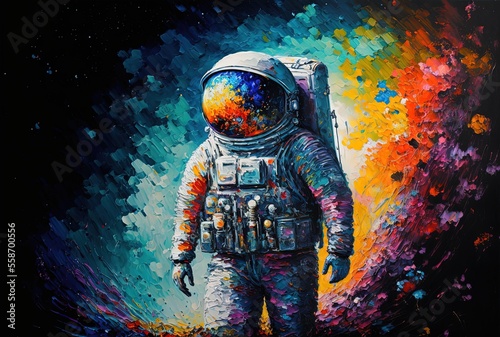 oil painting style illustration of astronaut with colorful background