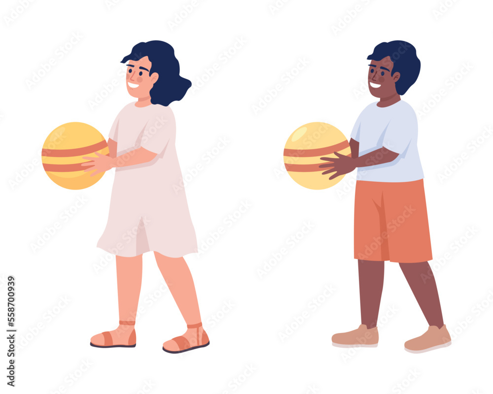 Child holding ball semi flat color vector character set. Outdoor game. Editable figure. Full body person on white. Family leisure simple cartoon style illustration for web graphic design and animation