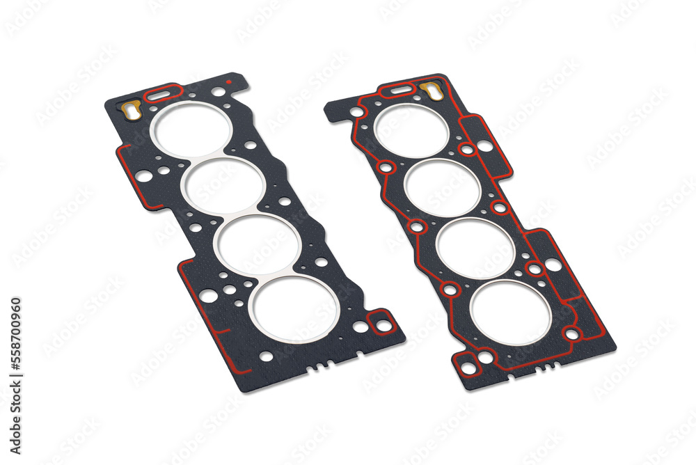 Two cylinder head gaskets with red sealant on a white background. View on two sides. A small