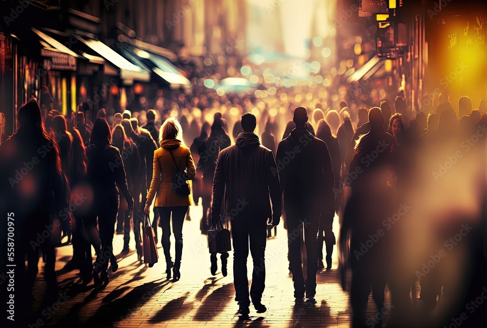 blur illustration background , crowd of people are rush walking on street in urban city at day time