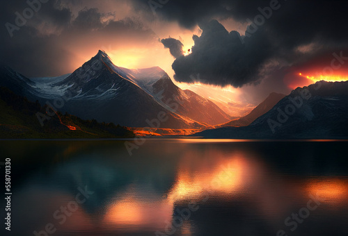 Calm lake in the Alps. Sunset. Mountains with snow caps in the background. Generative Ai Art. Cumulus clouds over the valley.