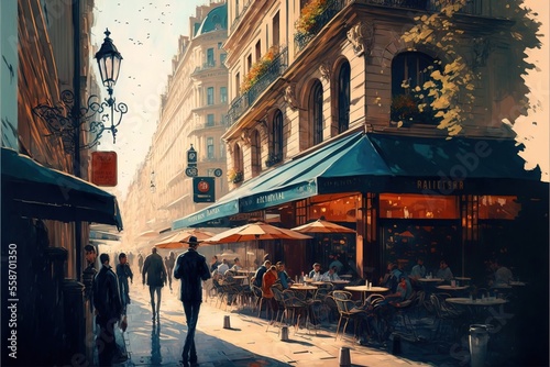 a painting of a man walking down a street in a city with people sitting at tables and umbrellas on the side of the street and buildings on the other side of the street,.