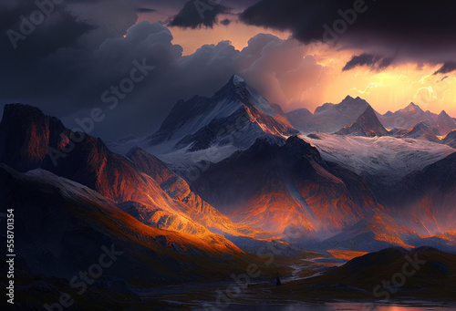 Sunset in Alps. Mountains with snow caps in the background. Generative Ai Art. Cumulus clouds over the valley.