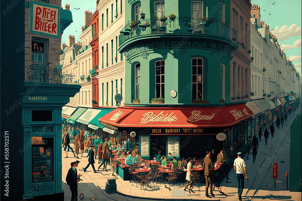 a painting of busy city street with people walking around and eating outside of restaurant and pizza parlor on the corner of street corner with people walking around and eating outside. Generative AI