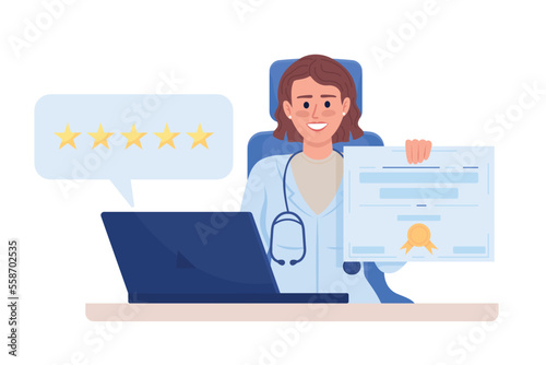 Female doctor reviews semi flat color vector character. Editable items. Full body on white. Professional licenses simple cartoon style illustration for web graphic design and animation