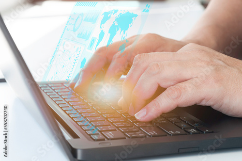 Virtual screen touching system. User use computer laptop on workspace, business return to office and work from anywhere conception.