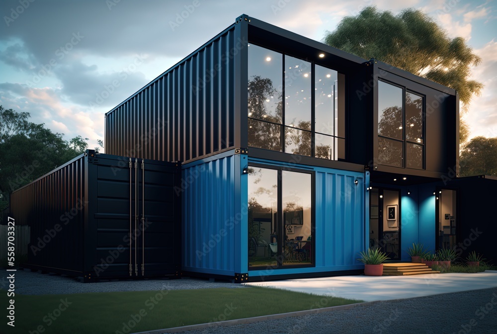 Fototapeta premium illustration concept of sustainability and recycle , container box remake as restaurant, office or house 