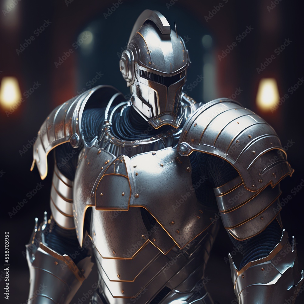 Fototapeta premium Medieval knight in silver armor. Digital illustration AI