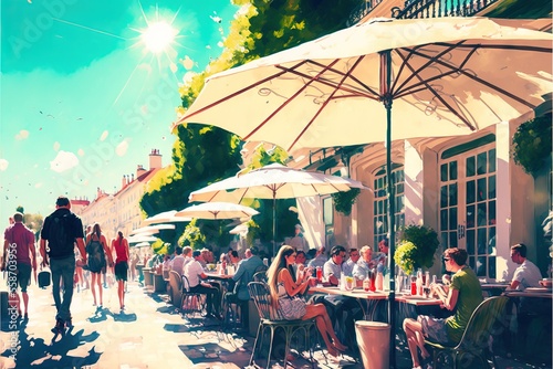 a painting of a group of people sitting at tables under umbrellas outside a restaurant with people walking by the tables and people sitting at tables outside the restaurant