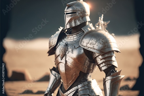 Leinwand Poster Medieval knight in silver armor. Digital illustration AI