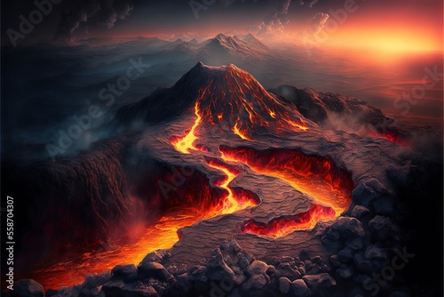 Erupting volcano landscape with a lot of lava. AI