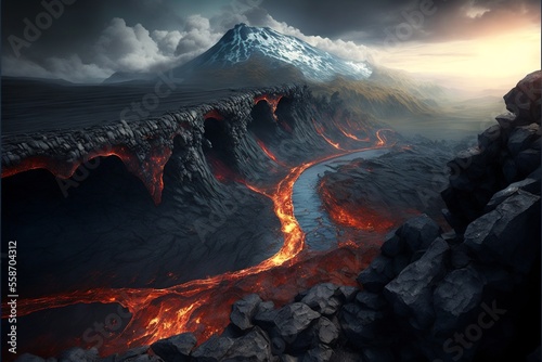 Erupting volcano landscape with a lot of lava. AI