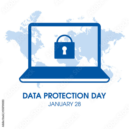 Data Protection Day vector. Protected laptop with lock blue icon vector. Laptop computer and world map graphic design element isolated on a white background. January 28. Important day