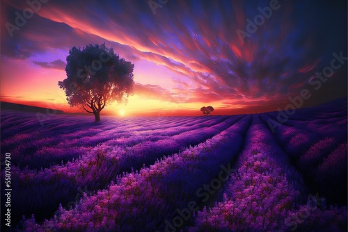 a painting of a tree in a field of lavenders with a sunset in the background and clouds in the sky over the trees is a field of lavender flowers and a lone tree in the foreground.