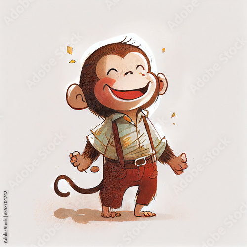 Leinwand Poster Cartoon. Cute baby monkey laughing and having fun. Generative ai