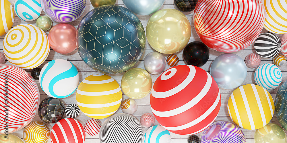 Obraz premium Colorful spheres background on wooden background beads pearls decorative glass balls geometric backdrop Modern cover design Billboard 3D illustration