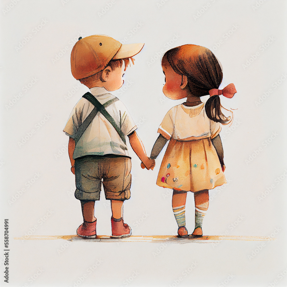 Cartoon. Happy cute little boy and girl holding hands. Generative AI Stock Illustration | Adobe ...