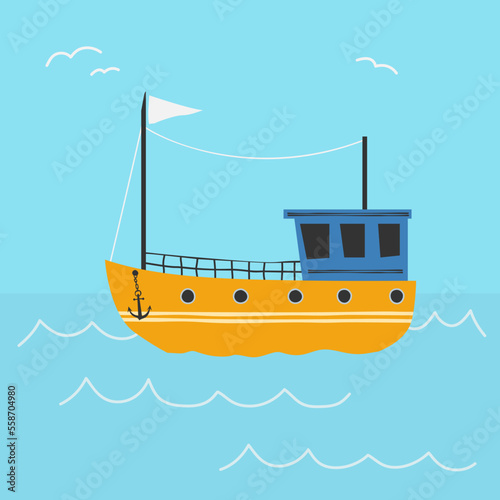 scandinavian style illustration of fishing vessel on blue sea, scandi vector drawing for children