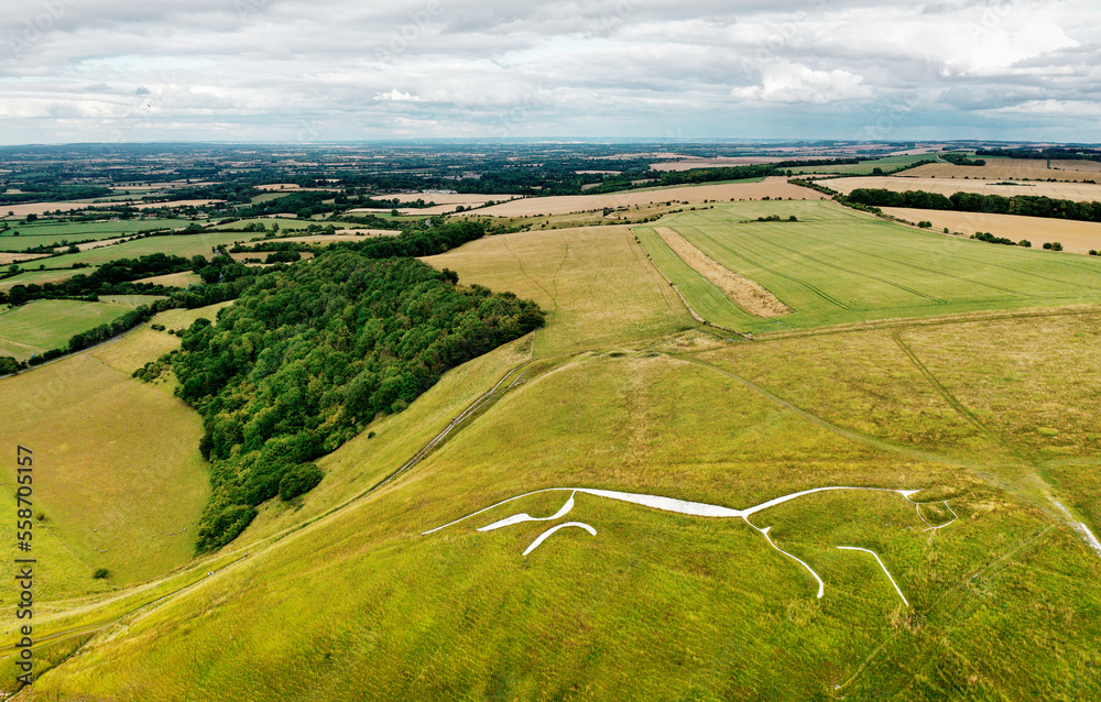 Uffington White Horse. 3500 year prehistoric chalk figure carved into a chalk hillside of the Berkshire Downs, England. 110 meters long. Looking east