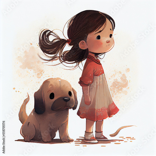 Cartoon. Happy little girl with a dog. Generative AI