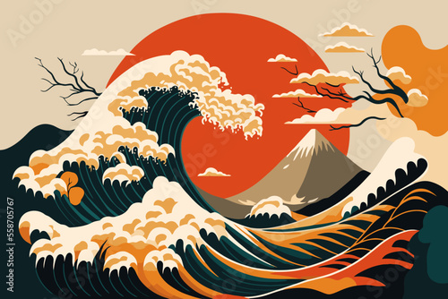big ocean wave with sun poster in japanese style vector illustration