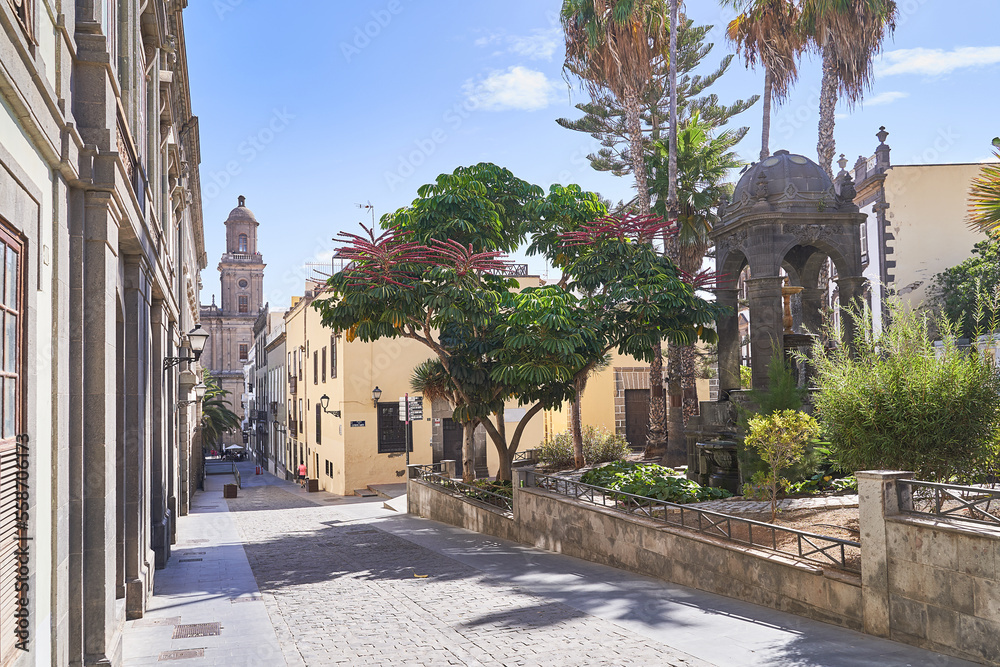 Plaza del Espiritu Santo with a fountain in Vegueta, Las Palmas de Gran Canaria, Spain