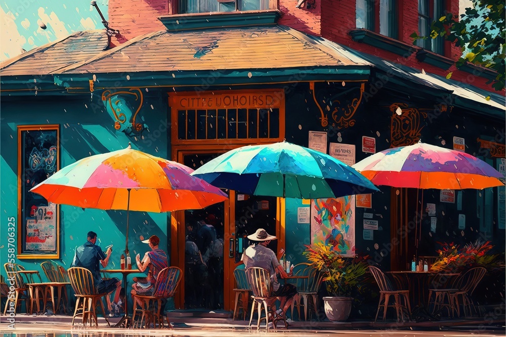 a painting of people sitting at tables under umbrellas in front of a building with a pool in front of it and a man sitting at a table in front of the window with a hat. a painting of people sitting at tables under umbrellas in front of a building with a pool in front of it and a man sitting at a table in front of the window with a hat.