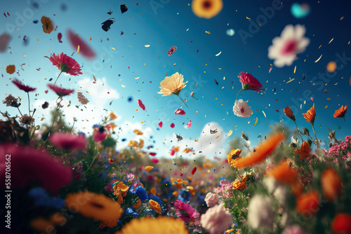 a beautiful field of flowers with flying petals,