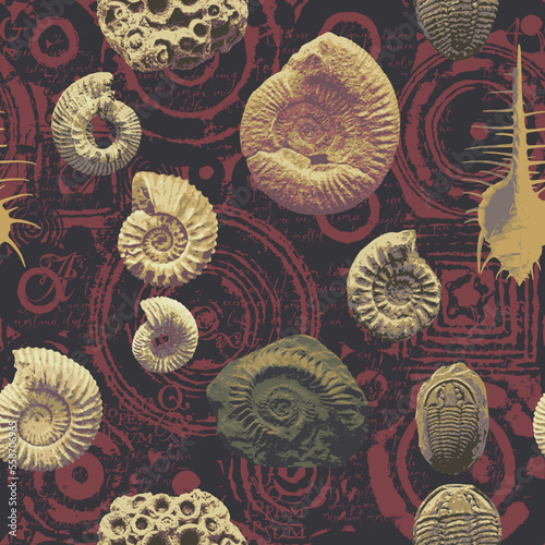 vector seamless pattern background with photo of ancient ammonite shells and trilobites and text loreum ipsum imitating paleontological catalog or encyclopedia. Suitable for wallpaper design