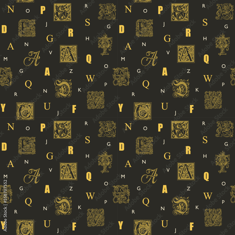 Vector seamless pattern with capital letters and hand drawn initial