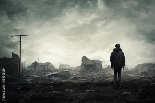 post apocalypse scene showing the man standing and looking on dystopian city