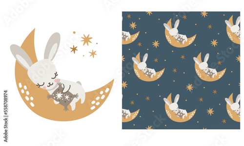 Vector print set and seamless pattern. Seamless vector pattern. Cute bunny, rabbit sleeping on the moon. Night sky and stars 