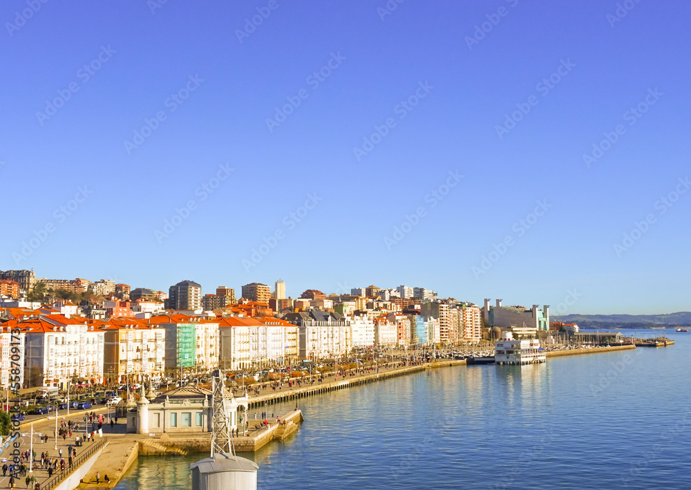 Aerial view of the cityscape of Santander with Puertochico and Festival Palace at the back. Maritime seafront, bay of Santander, Cantabria.