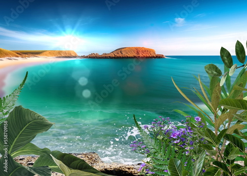 Fototapeta Naklejka Na Ścianę i Meble -   mediterranean sea, blue water and sky, white beach, sand and flowers with plant tropical natural landscape